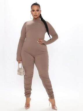 Frisky Feline Ruched Jumpsuit - Mocha
